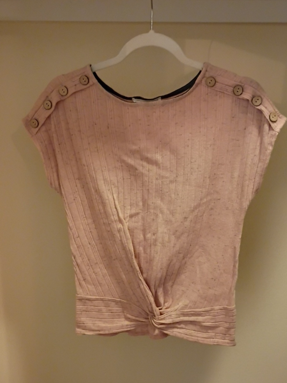 Light Pink Short-Sleeve Twist Hem Tunic with Shoulder Buttons
